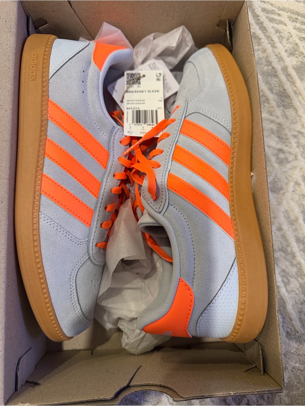 adidas Originals Men’s Light Gray & Neon Orange Suede Sneakers with Gum Sole